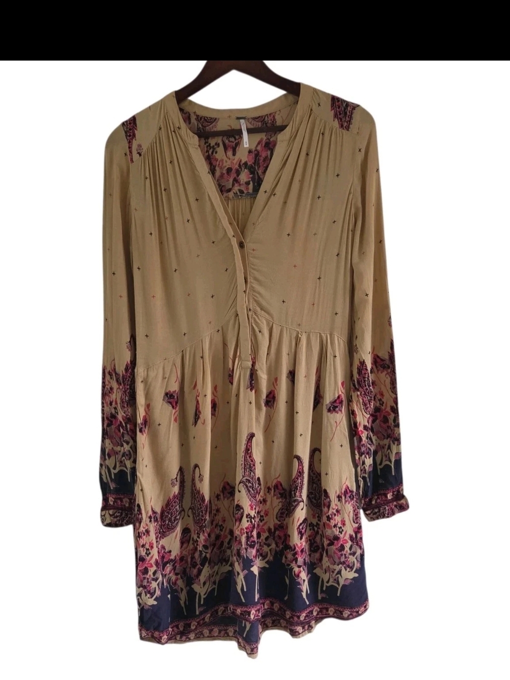 Free People Size M Sierra Valley Tan & Pink Paisley Dress